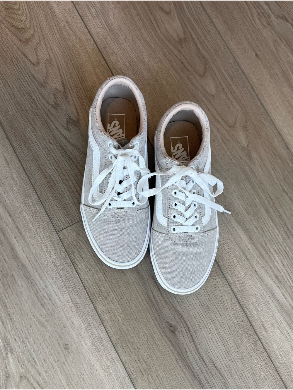 Vans Women’s Old Skool Canvas Sneakers in Taupe and White - Picture 2 of 8